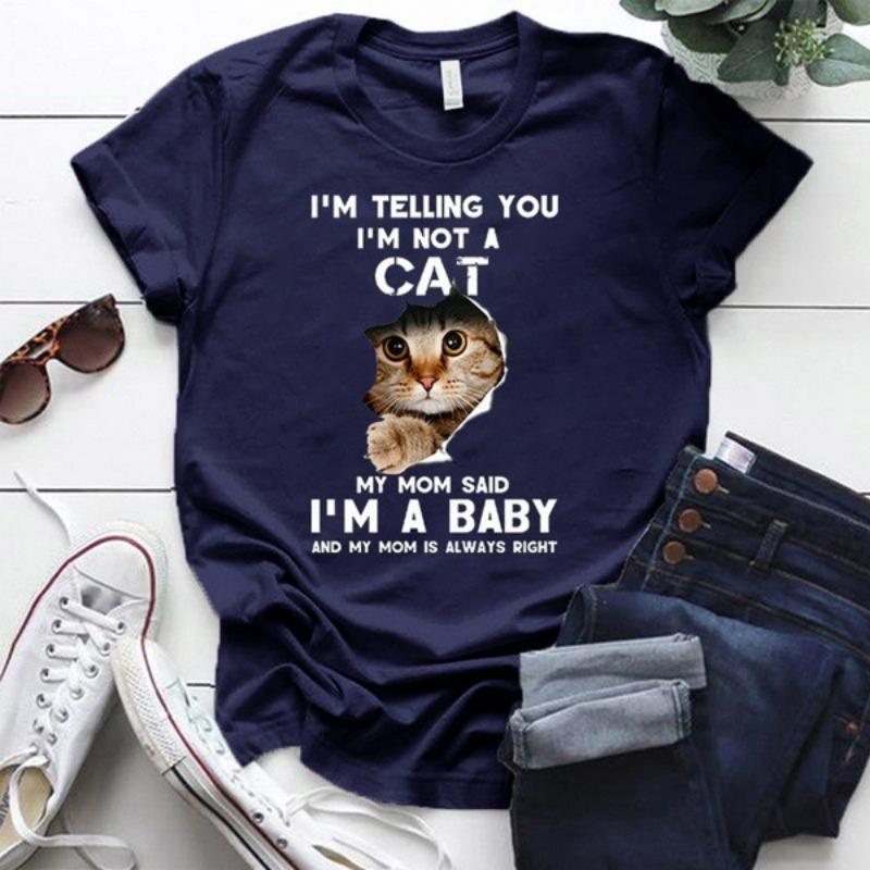 Summer Fun Cat Pattern Printed Round Neck Loose Cotton Short Sleeve Top T-Shirts Women’s