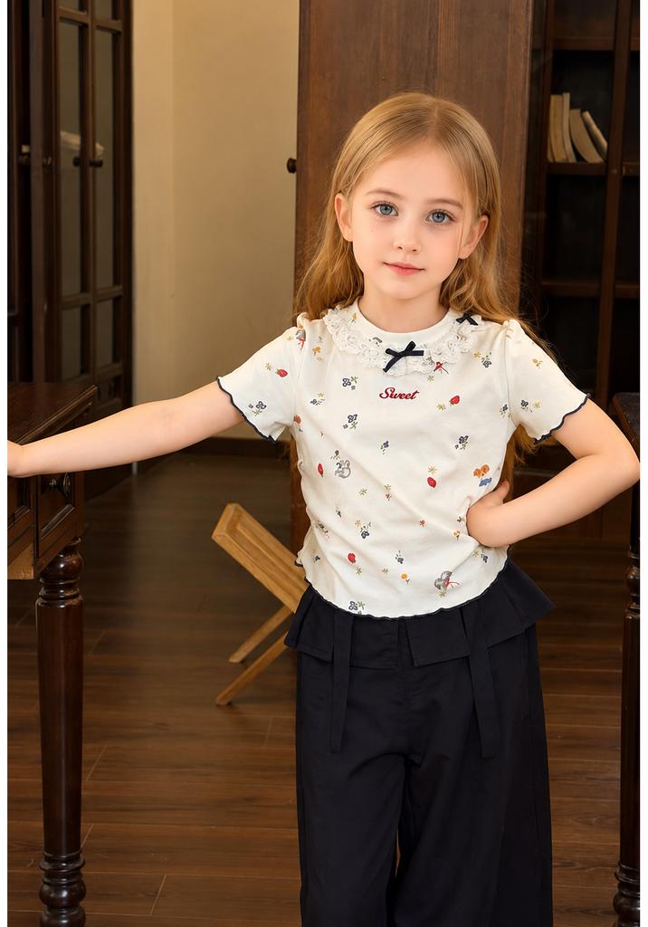 Girls Sweet Floral Short Sleeve T Shirt Stylish Casual Top for Big Kids
