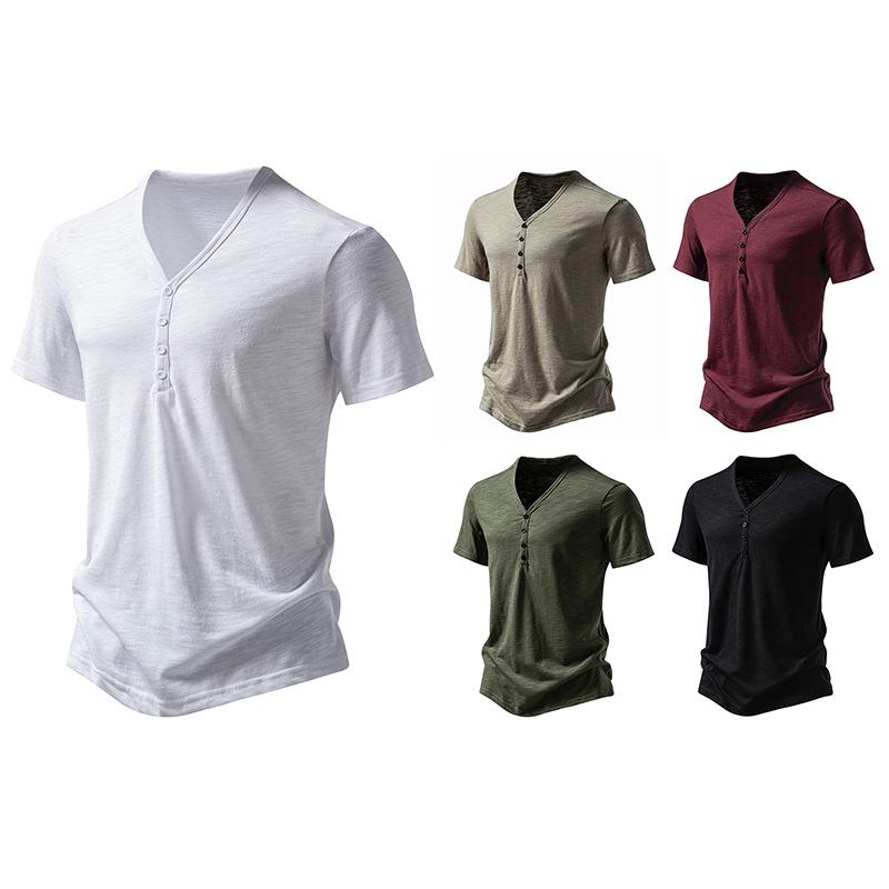 Men's Bamboo Cotton Buttoned V-Neck Short-Sleeve T-Shirt, European Size, Solid Color, Breathable, Simple Design