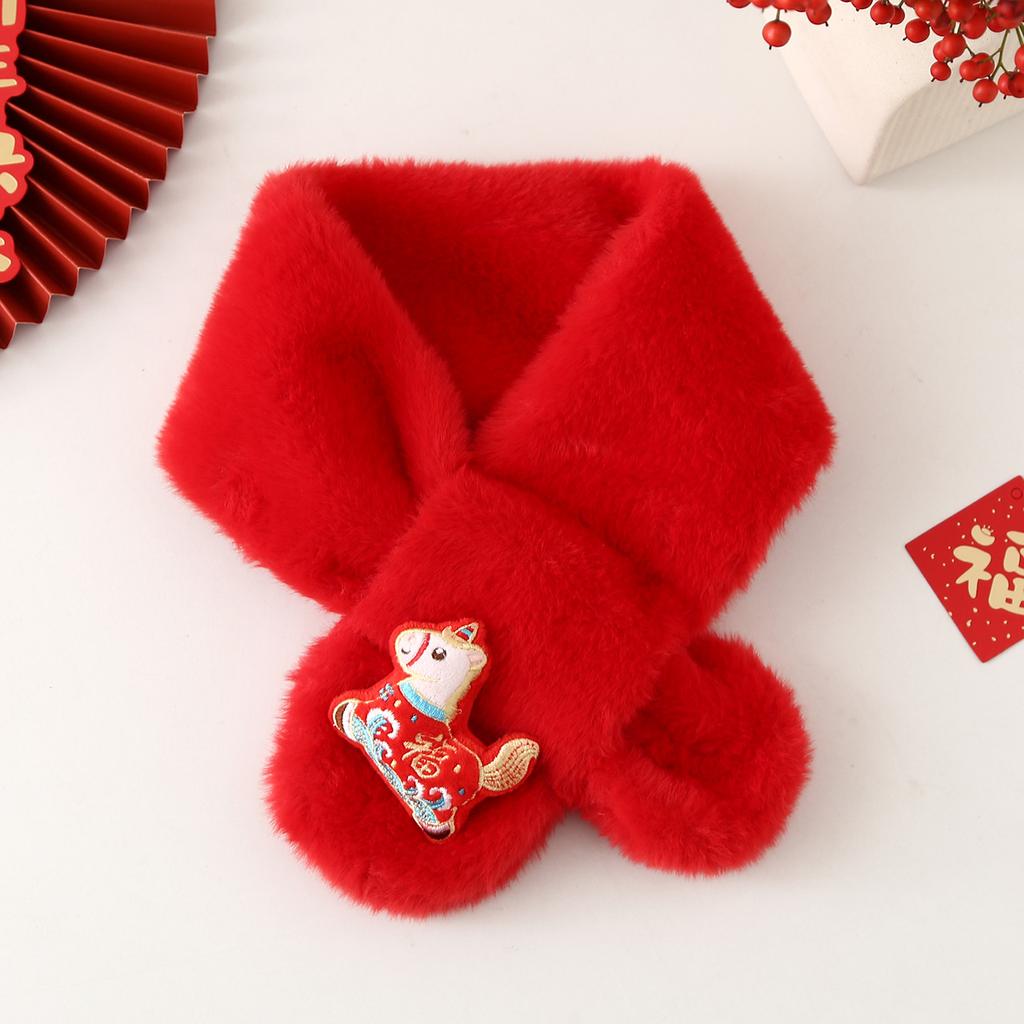 Autumn Winter Children's Scarf Chinese Style Zodiac Animals Red Scarf Cartoon Pony Plush Neck Warm Scarves New Year Gift
