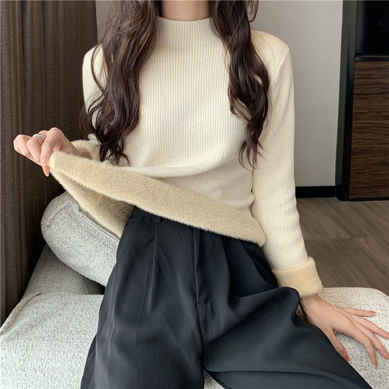 WTEMPO Thickened Sweater Women's Turtleneck Fleece Lined Knitting Top Long Sleeve Pullover Y2k Jumper Autumn Winter Knitwear