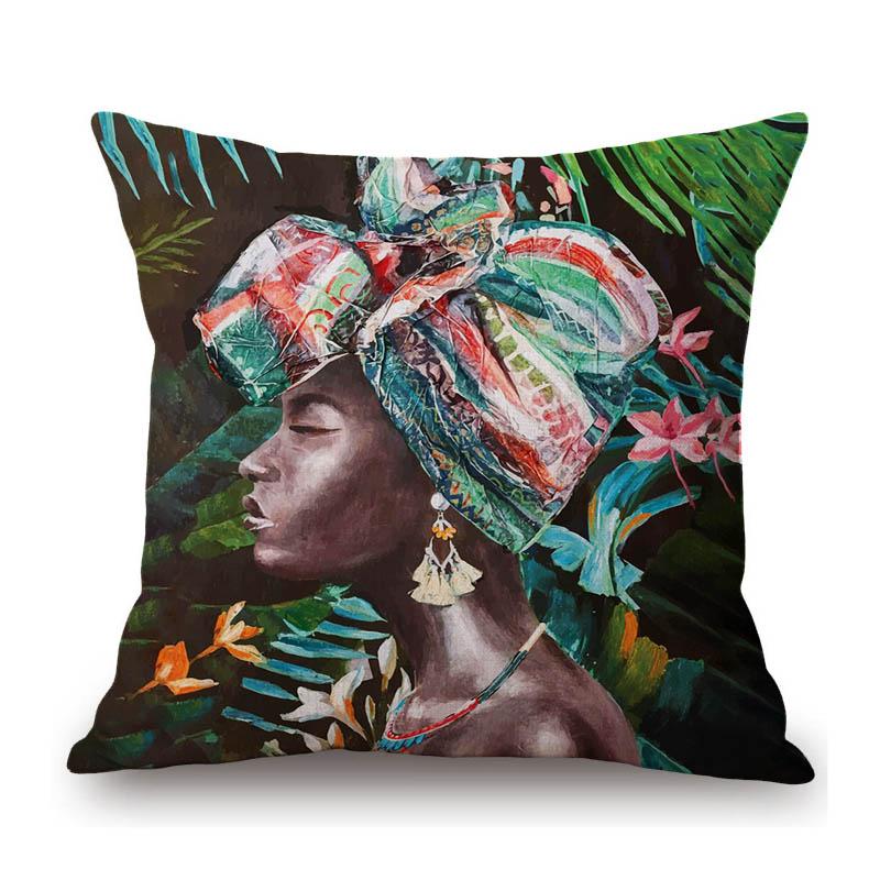 Fashion African Girl Turban Fashion Africa Woman Exotic Decoration Art Sofa Throw Pillow Case Cotton Linen Cushion Cover