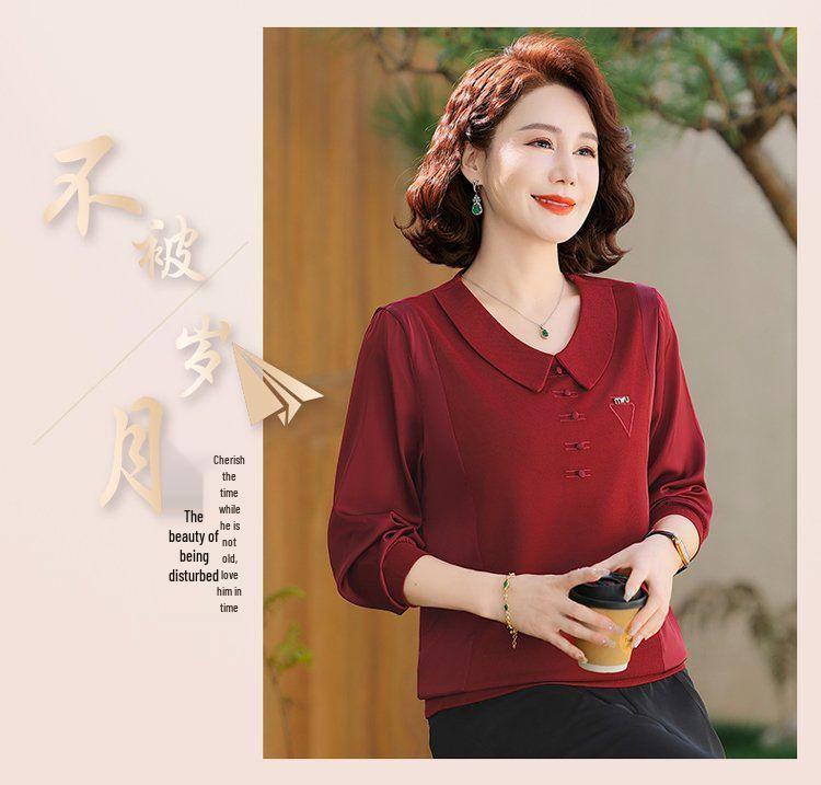 2025 Spring & Autumn Elegant Long Sleeve Lapel T-Shirt for Middle-Aged and Elderly Women - Tummy Covering Base Layer