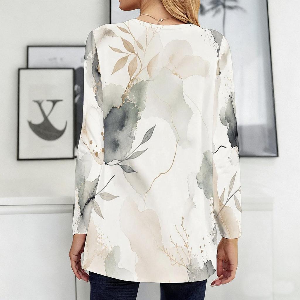 Women Plus Size Round Neck Long Sleeve Abstract Printed Loose Longline T Shirt With Pockets