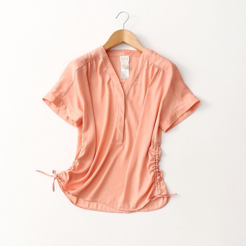 

Foreign Trade Original Order Loose Slim Looking Crimp Stylish V Neck Short Sleeve Satin Chiffon Shirt Pure Color Acetate Tops Orange powder Eurocode -3p