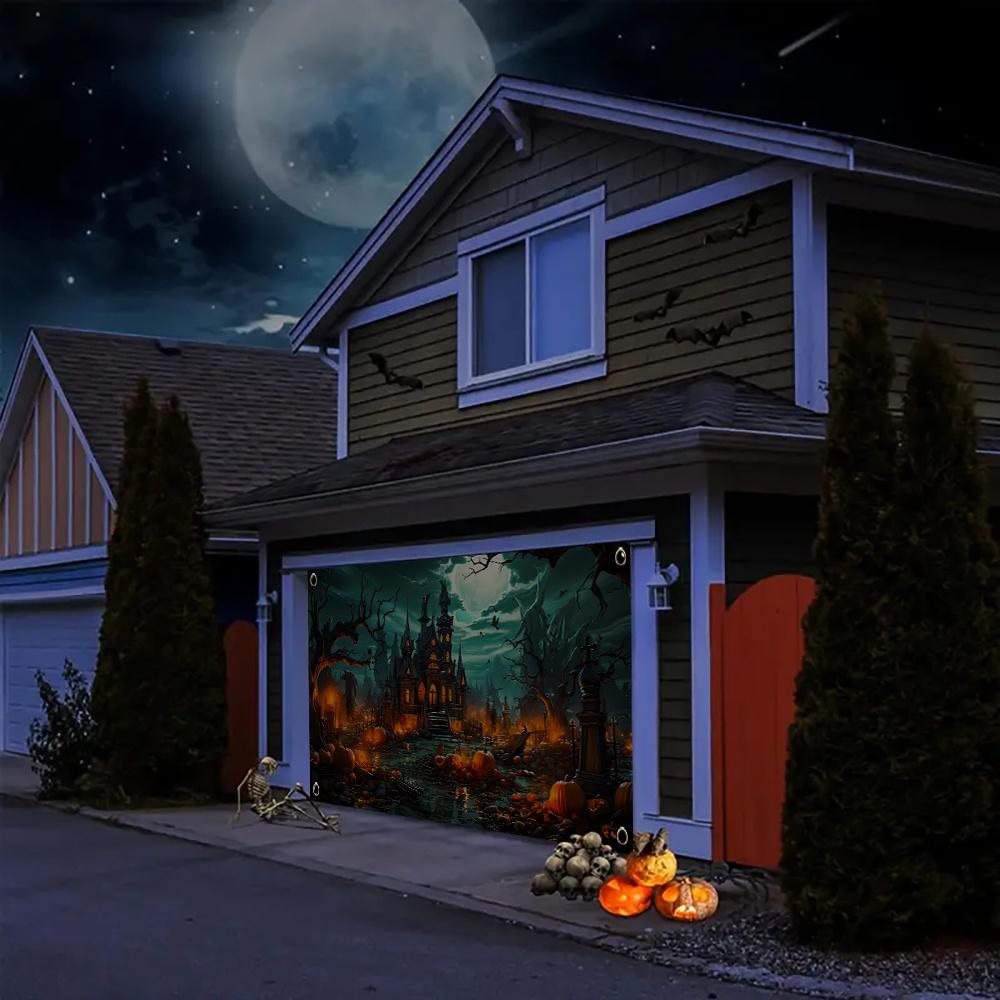 Modern-style Halloween garage door banner - creepy castle and pumpkin prints, durable polyester