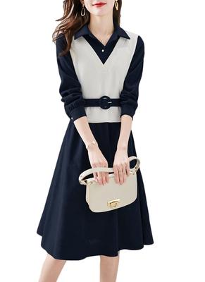 Vilaria Knit Shirt Dress with Contrast Long Flattering Solid Perfect for and Special Occasions Women's Dress, Pattern, Sleeves, Knee-Length, Belted,