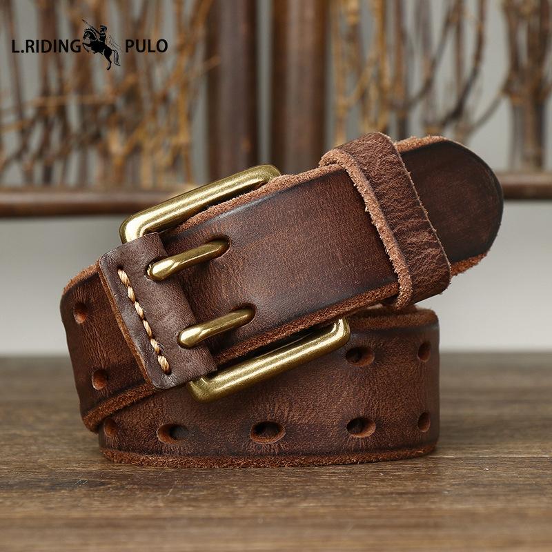 Cintura in Pelle Trendy Stile Retro con Doppia Fibbia ad Ardiglione, Vera Pelle, Vacchetta Primo Strato Conciata al Vegetale Lavata, Nuovo Stile per Giovani Uomini