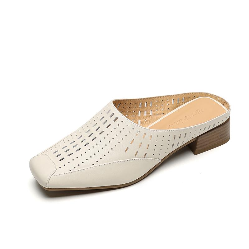 Fashion 2025 New Fashion Covered Toe Genuine Leather Women Thick Heels Casual Mules Summer Daily Walk Sheepskin Leather Slippers Sandals