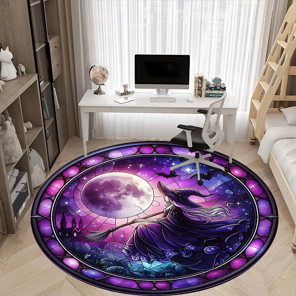 1PC Witch Moon Office Round Area Rug, Indoor Mat Suitable For Office, Under Office Chairs Bedroom Living Room Home Decor, Room Deco 027