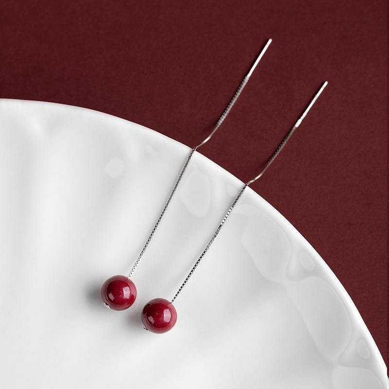 New Cinnabar Pure Silver Ear Thread, Hypoallergenic Earrings, Simple Women's Ear Studs, Ear Piercing Care, Birthstone Gift