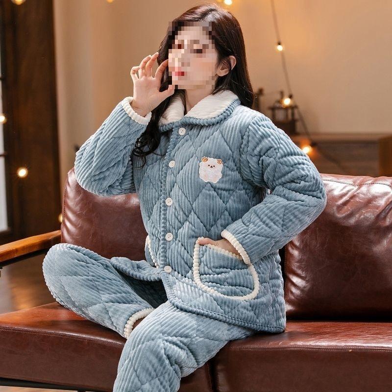 Pajamas women s three-layer thickened winter suit can wear large-size thermal padded loungewear 2XL (125-76.5kg)