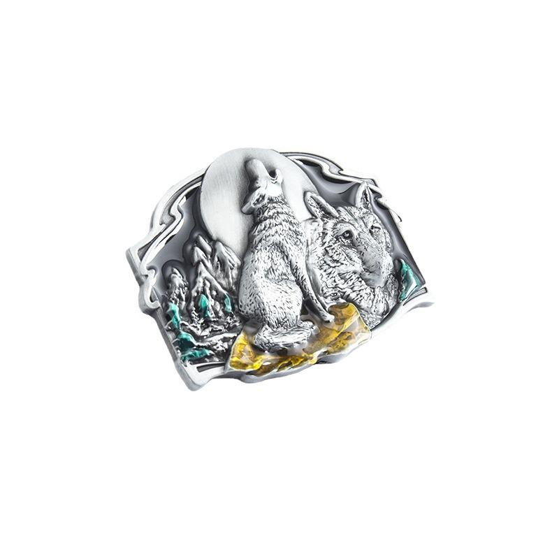 Moonlit Wolf Retro Leather Cowboy Belt Buckle