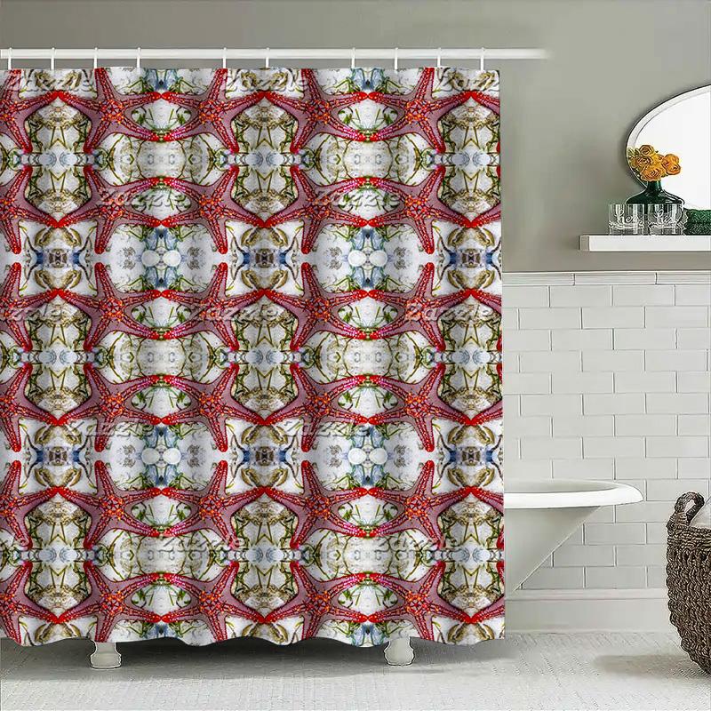 Home Decor Shower Curtain Red Floral Design with Symmetrical Pattern for Bathroom Decoration 3D Printing Waterproof Fabric Size: