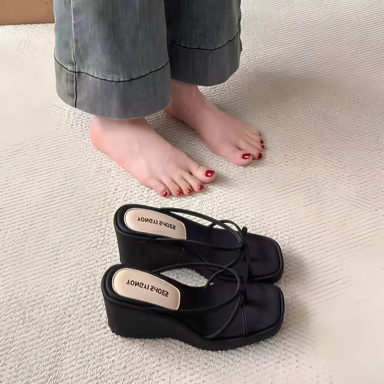 Pegged Heels Women s Shoes, New Style Thick-soled Flip-flops 35 чёрный