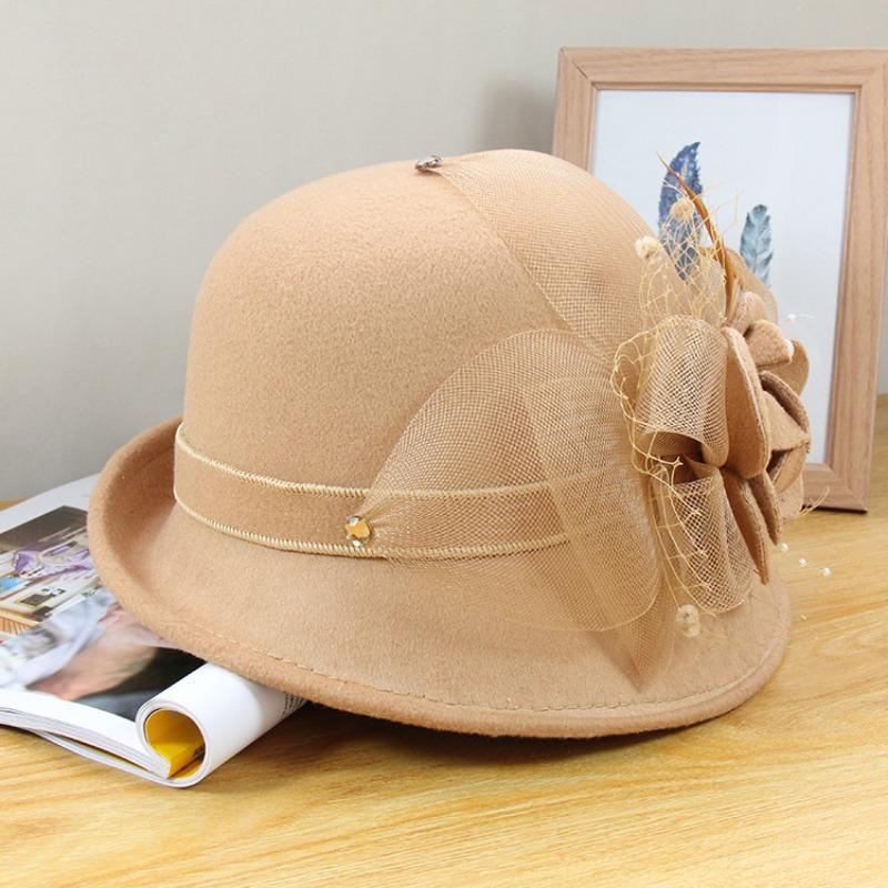 Women S Elegant Pearl Flower Half Roll Wool Bucket Hat Outdoor Fashion