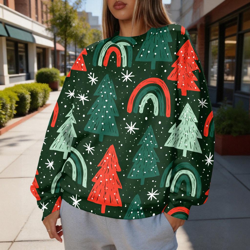 Women's Christmas Print Crewneck Sweatshirt Lightweight Casual Pullover for Holiday