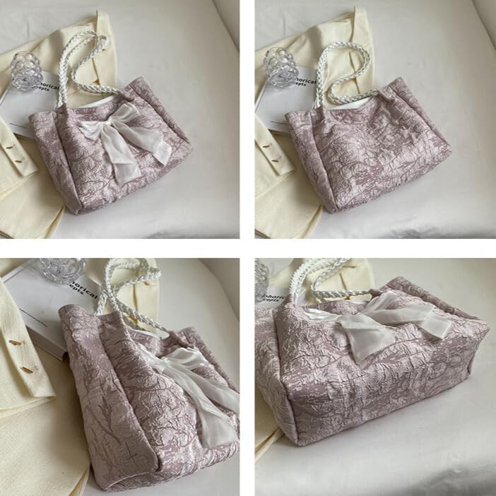 Ribbon Tote Bag Shoulder Bag Lace Large Capacity A4 Feminine Lightweight Commuting To School Travel [PETITCHOU] (White)