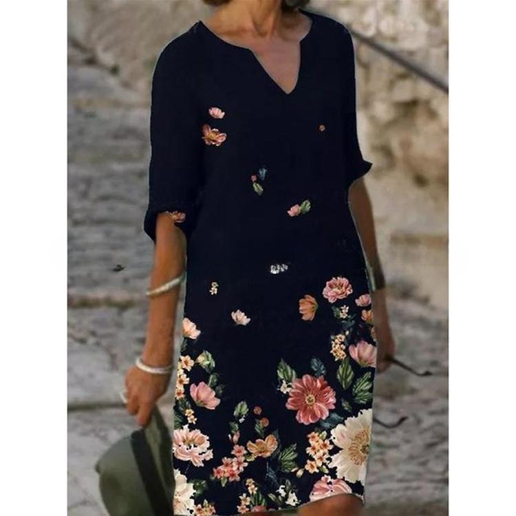 

YYFS Женская мода Лето Весна Цветочный узор Принт Рукава 1/2 V-образный вырез Свободная талия Повседневные платья XXXL чёрный