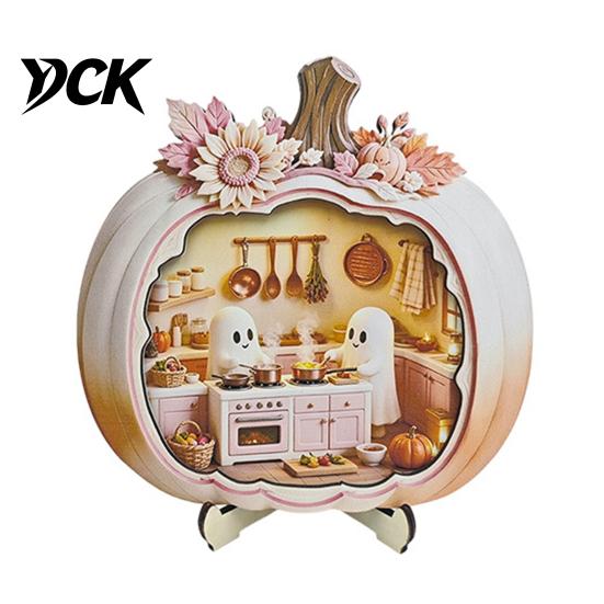 Cute Pastel Pumpkin Ornament Halloween Ghost Wooden Plaque, 2D Flat Tabletop Sign, Handmade Sign Spooky Bathing Reading for Home Office Mantel