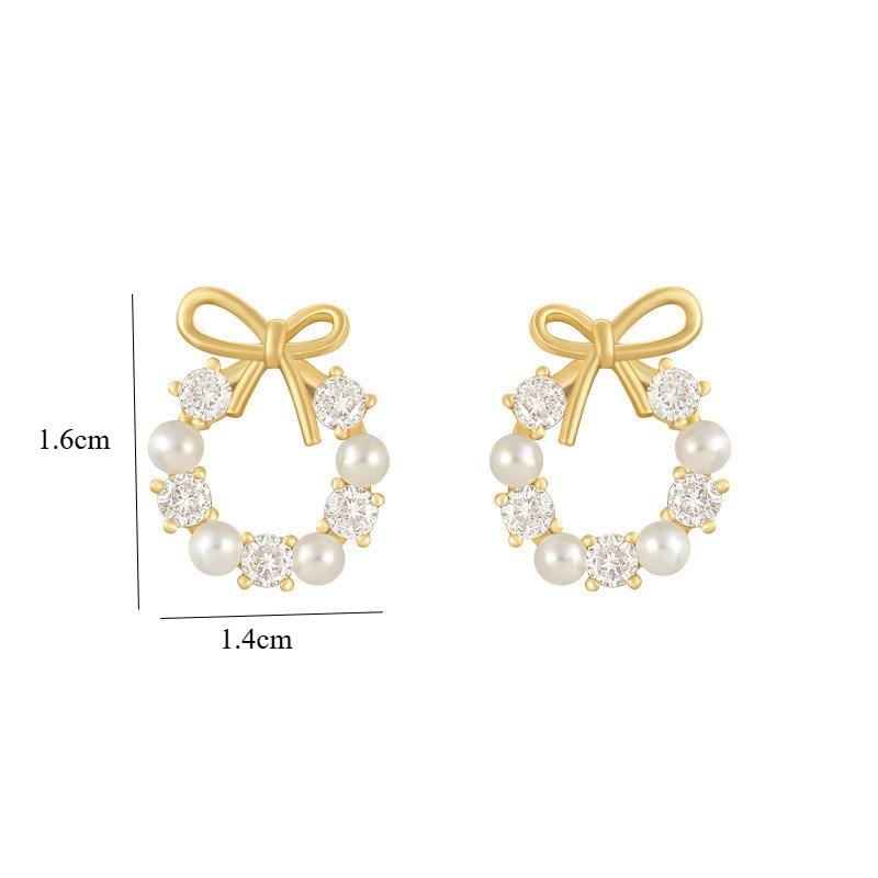 Korean  Round Bow Knot Earrings For Women Temperament Fashion Rhinestone Imitation Zircon Stud Earrings Party Wedding Jewely