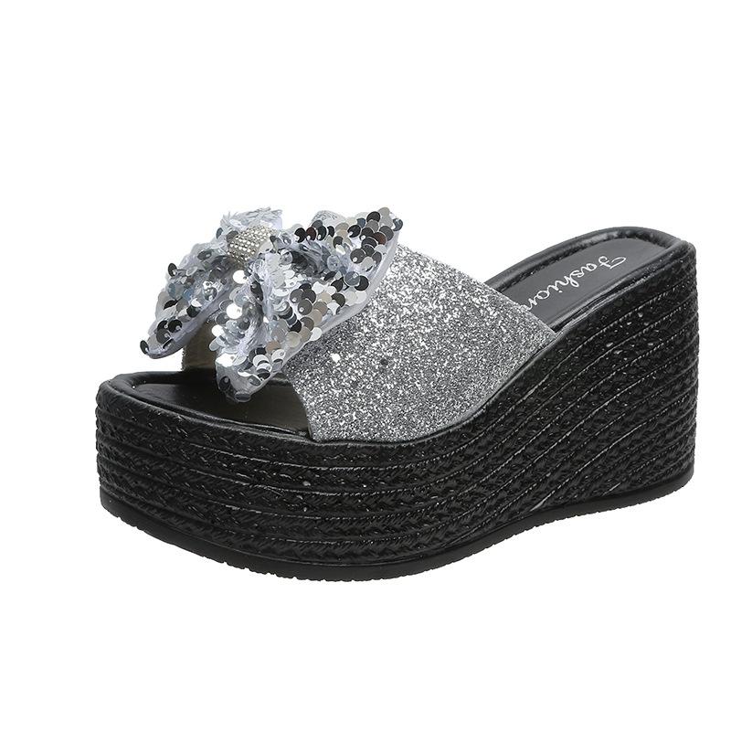 Summer new inner height increase sequin bow thick bottom wedge heel one-character slippers tide