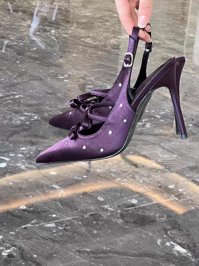 Neues Design gepunktete Strassschleife sexy schwarze High Heels dünner Absatz kleiner eckiger Kopf schöne flache Mündung einzelne Schuhe