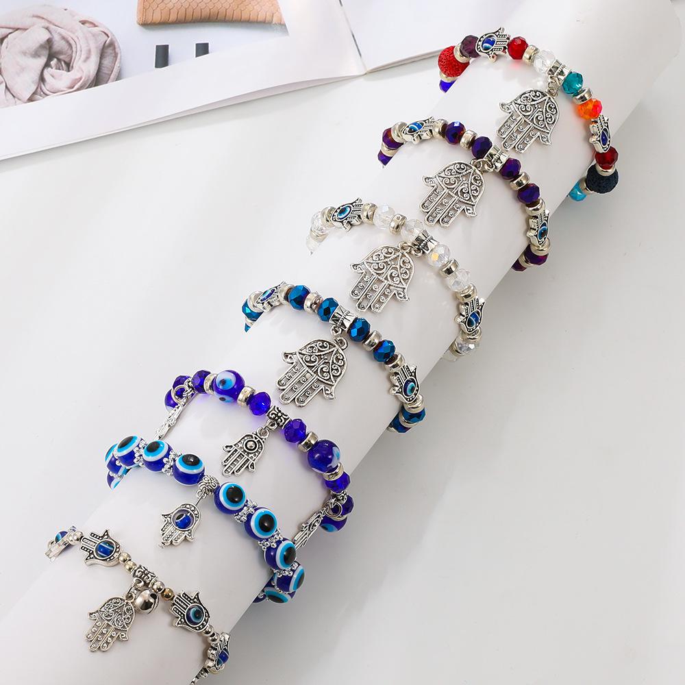 Blue Devil Eye Resin Bead Bracelet with Fatima Palm Pendant