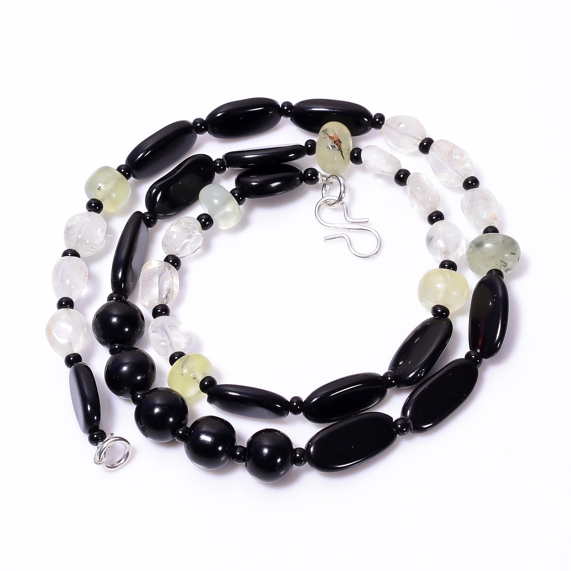 

Natural Black Onyx Crystal Prehnite Gemstone Smooth Beads Necklace 8-16 mm 18 UB-8606
