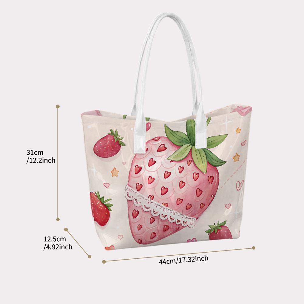 Cute Strawberry Print Tote Bag Casual Ladies Lightweight Daily Handbag for Girls Outdoor Shopping Carry Bag