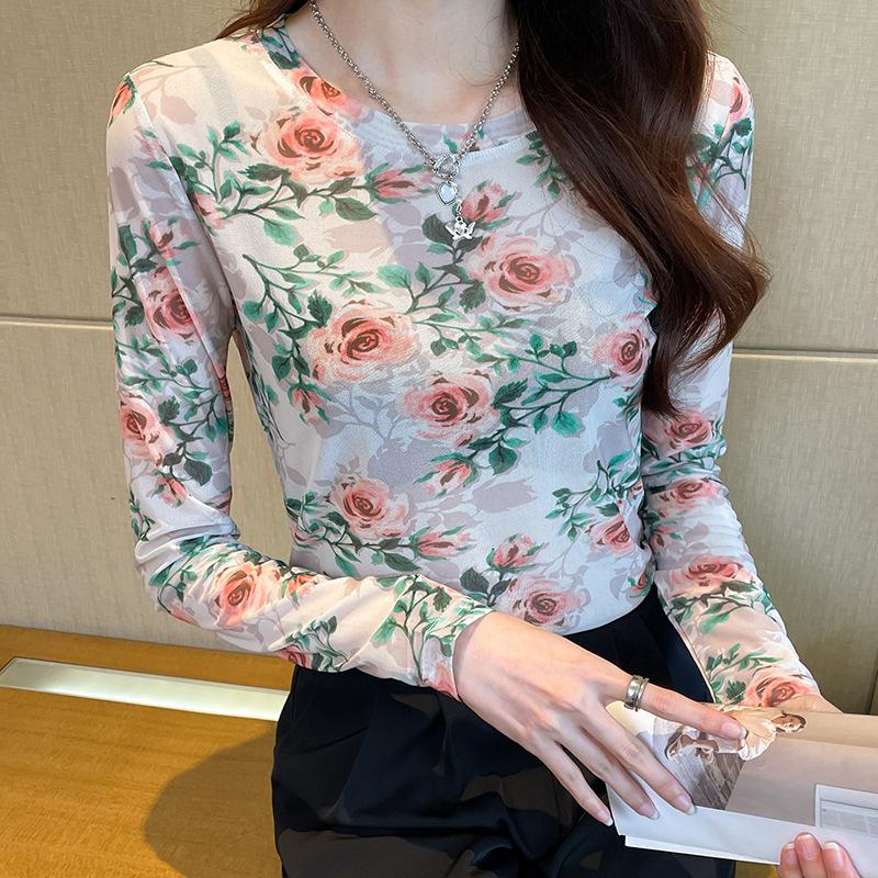 Retro Floral Print Mesh Women's Long Sleeve Sun Protection T-Shirt