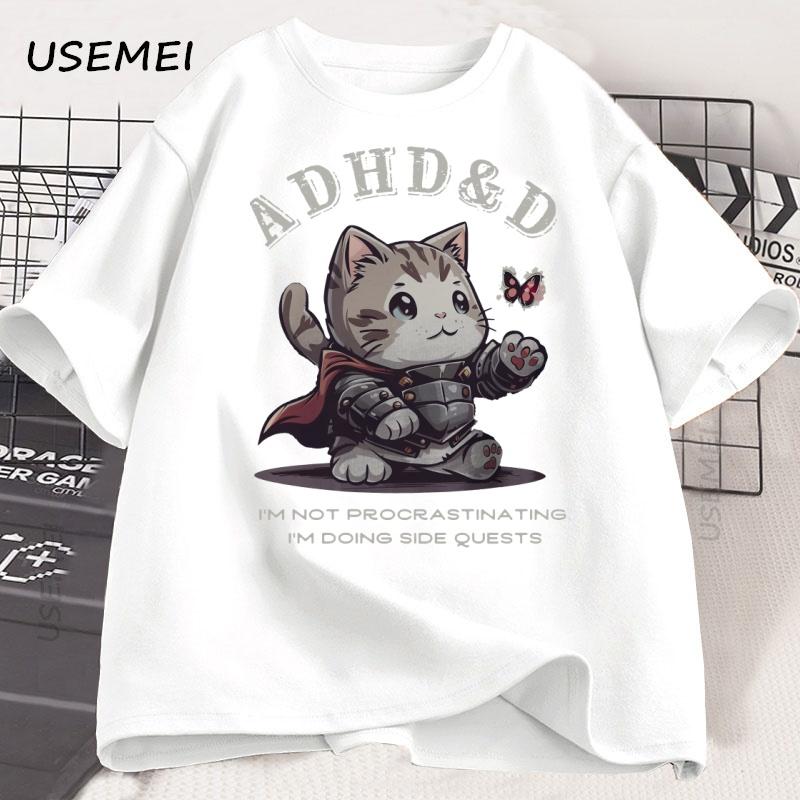 ADHD&D I'm Not Procrastinating Cat T-shirt Funny Graphic Printed Tshirts Cotton Short Sleeve Summer Loose Tees Oversized Tops