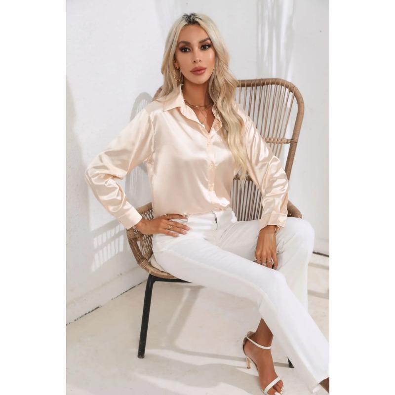 

Весенне-осенняя женская рубашка, однотонная атласная блузка с коротким рукавом, рубашка на пуговицах и плечах XXL