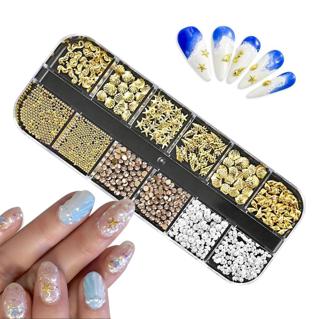 Nails  Art Rhinestone 1 Box Gold Silver Metal Rivets Nails Accessories Starfish Conch Jellyfish Nail Ocean Style Nails Art Decor