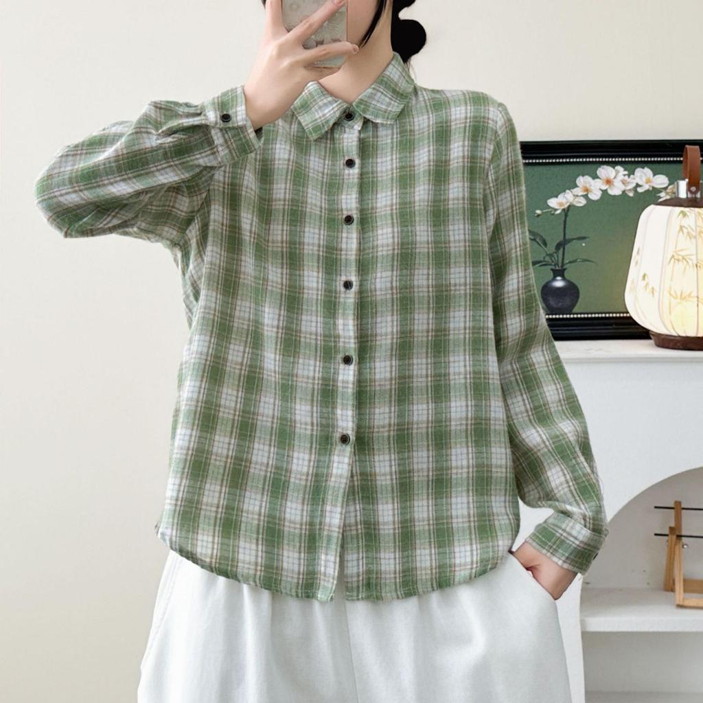 Women's Brushed Cotton Plaid Shirt - Green Cardigan Blouse, Long Sleeve, Spring/Autumn 2026