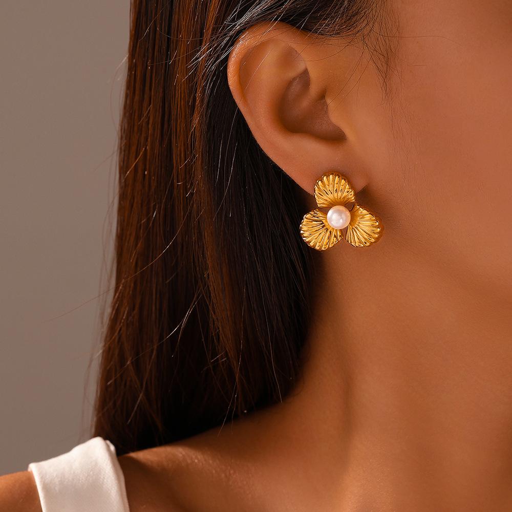 Polished Stainless Steel Pearl Stud Earrings for Women - Irregular Geometric Flower Design