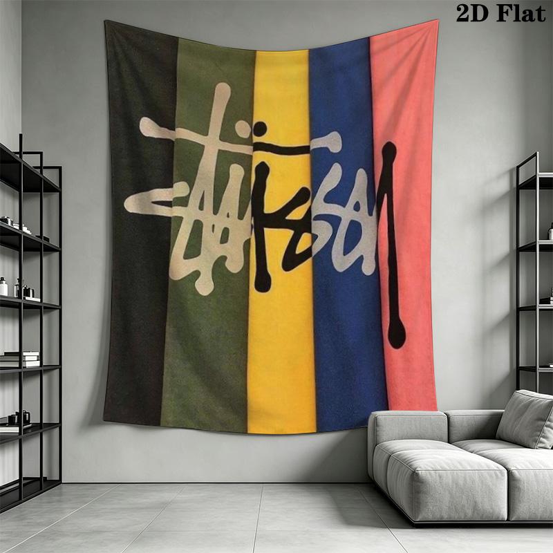 City List Text Tapestry, Black Background Street Brand Logo No.4 Wall Hanging Decor