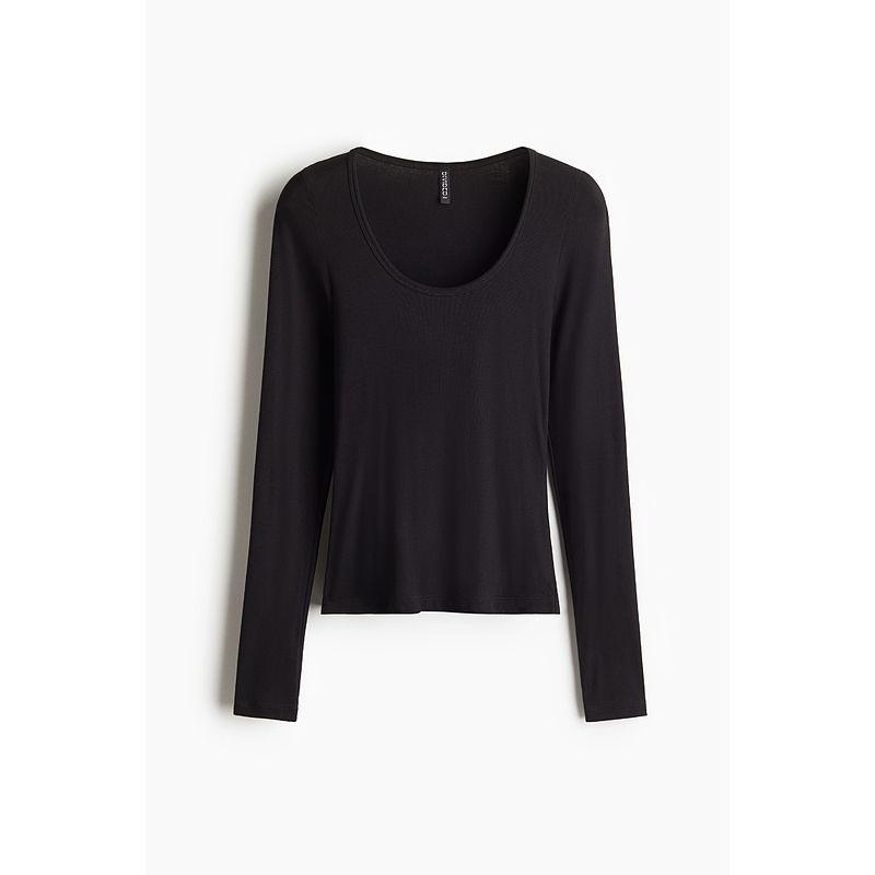 

HM Women s T-shirt 2025 Autumn New Arrival Fashion Low round Neck Silm Straight-leg Hem Long Sleeves Tops 1259455 Black 160/88