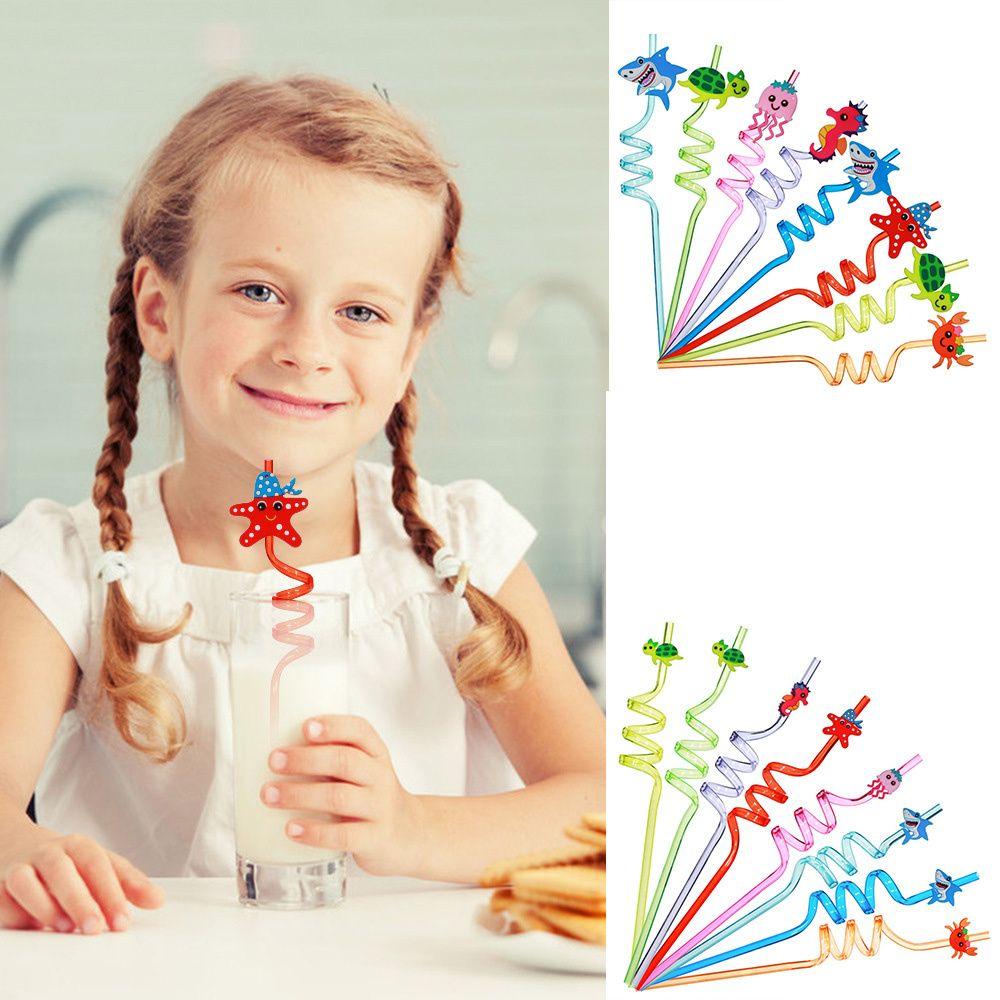 8pcs Birthday Bending Straw Party Decorations Plastic Straws Drinking Straws Reusable Ocean Animal