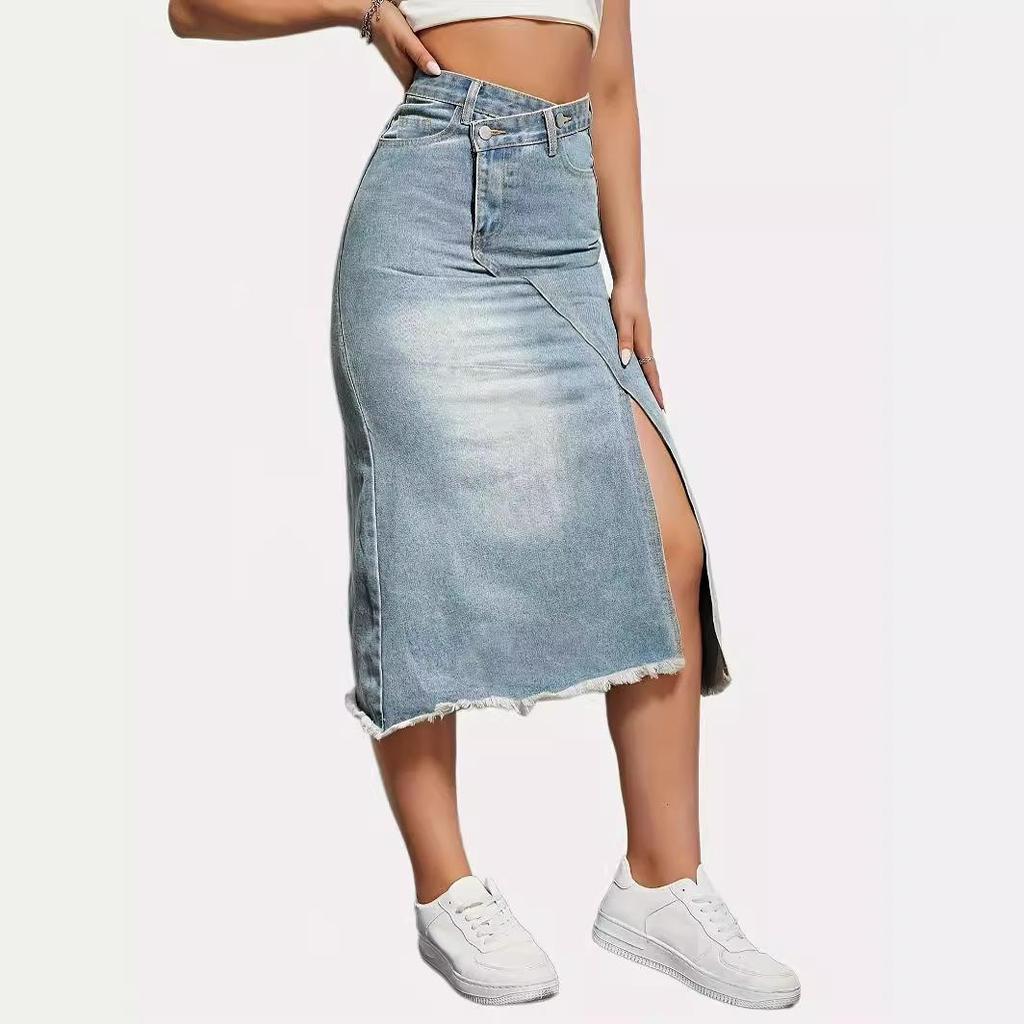Bleistift-Jeansrock für Damen, hohe Taille, A-Linie, einfarbig, knöchellang
