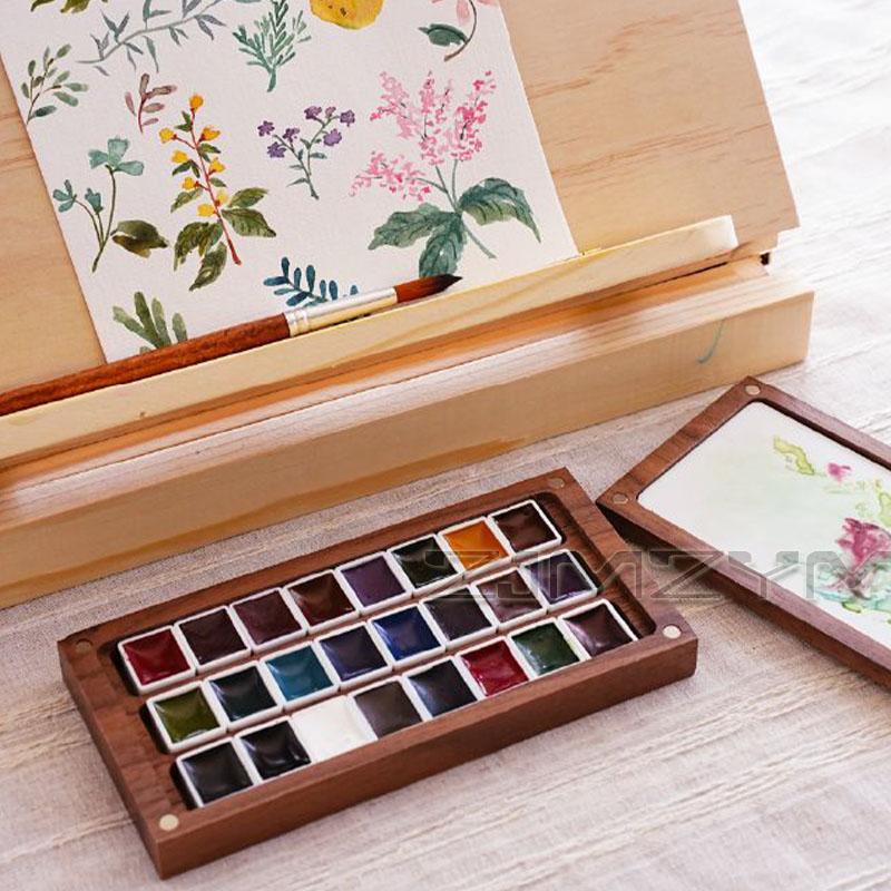 24-color Watercolor Paint Solid Watercolor Pigments Separate Packaging Wooden Box Art Painting Sketching Portable Color Palette