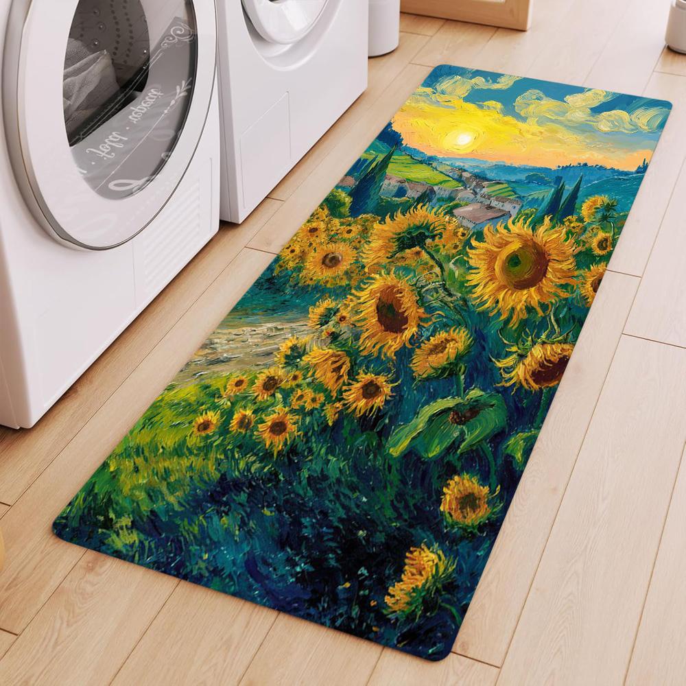 Van Gogh Style Sunflower Oil Painting Kitchen Mat Non-slip Waterproof Anti-fatigue Long Rug for Laundry Room Hallway Easy Clean