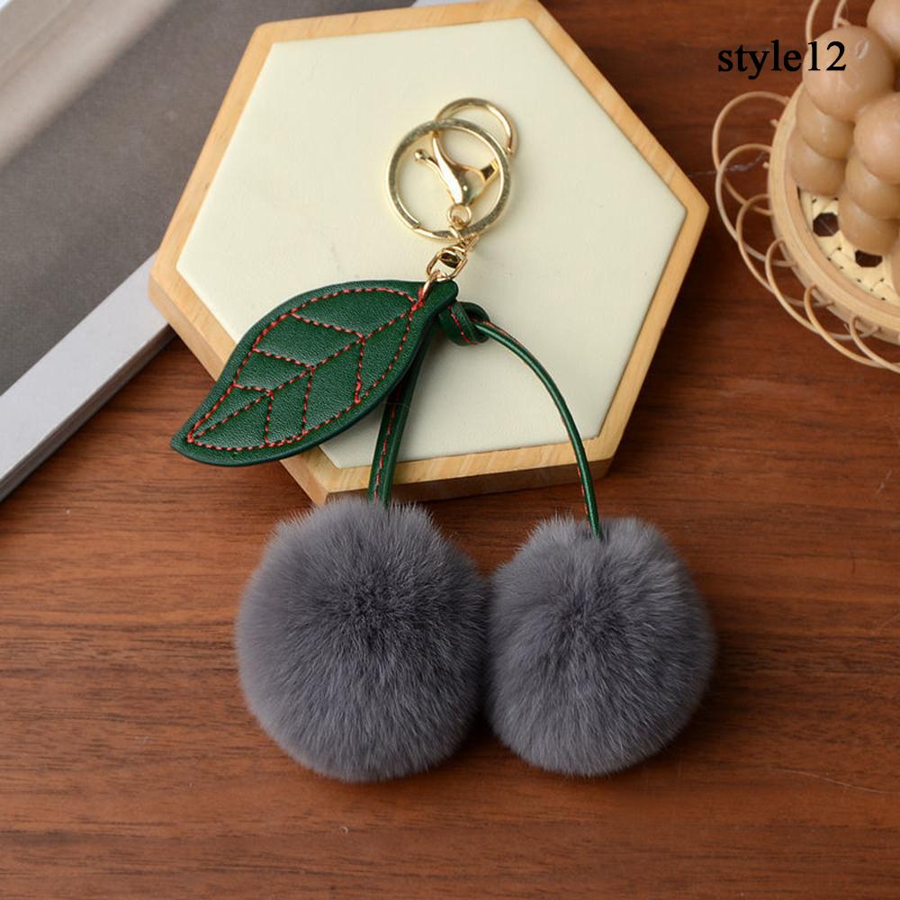 Keychain Key Fob Bag Pendant Fluffy Cherry Keyring Bag Hanging Leaf Artificial Rabbit Fur Ball Key Holder Plush Bag Accessories