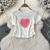 Summer New Heart Design Sweet Tops Spice Girl Round Neck Love Printing Drawstring T-shirt Casual Women Short Sleeve Fashion Blouse