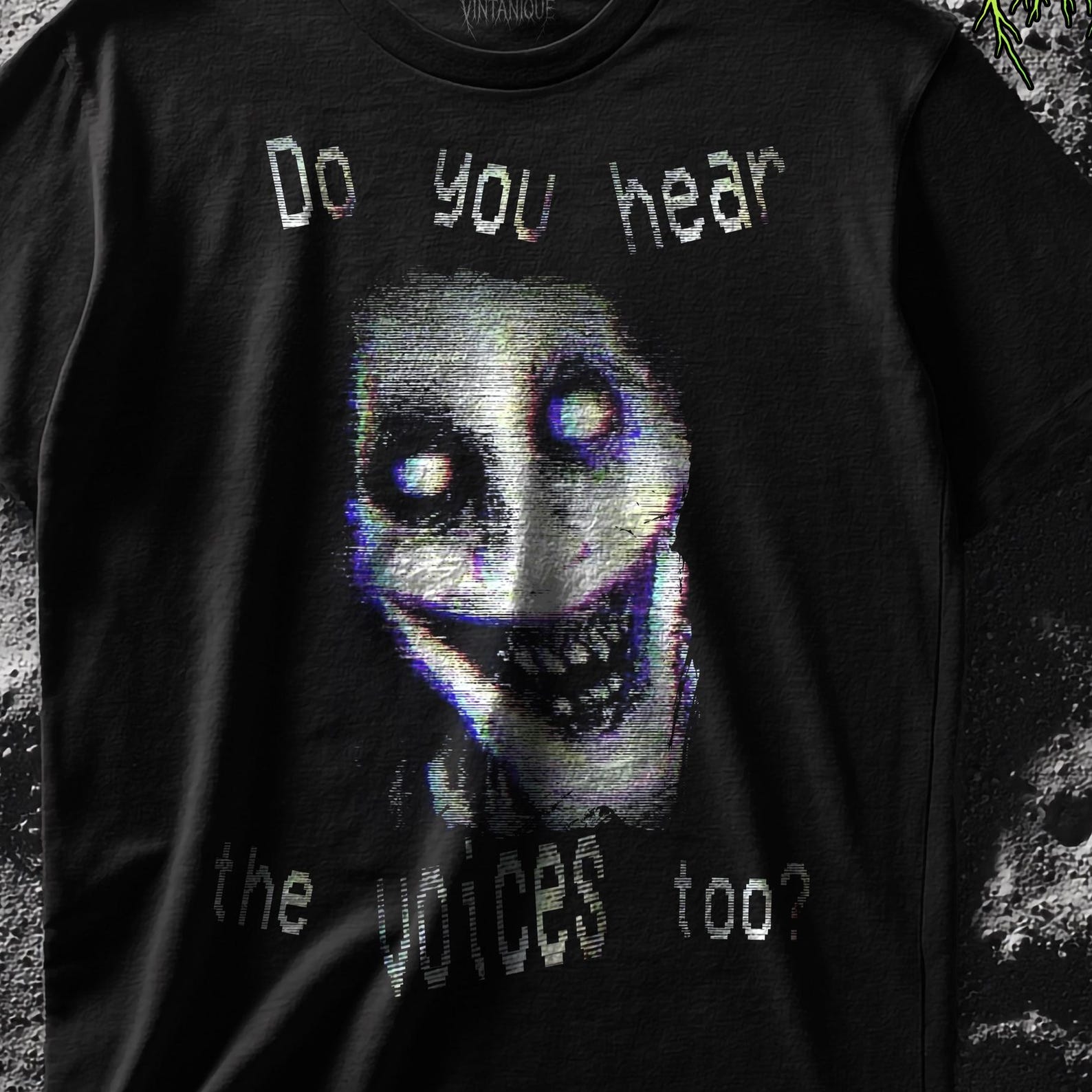 Creepy Glitch Face Horror T-Shirt, VHS Static Graphic Tee L