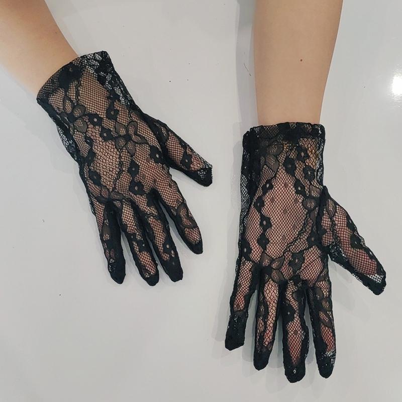 Sexy Black Hollow Mesh Gloves Sunscreen Thin Elegant Short Transparen Sheer Mittens Bridal Wedding Dress Gloves