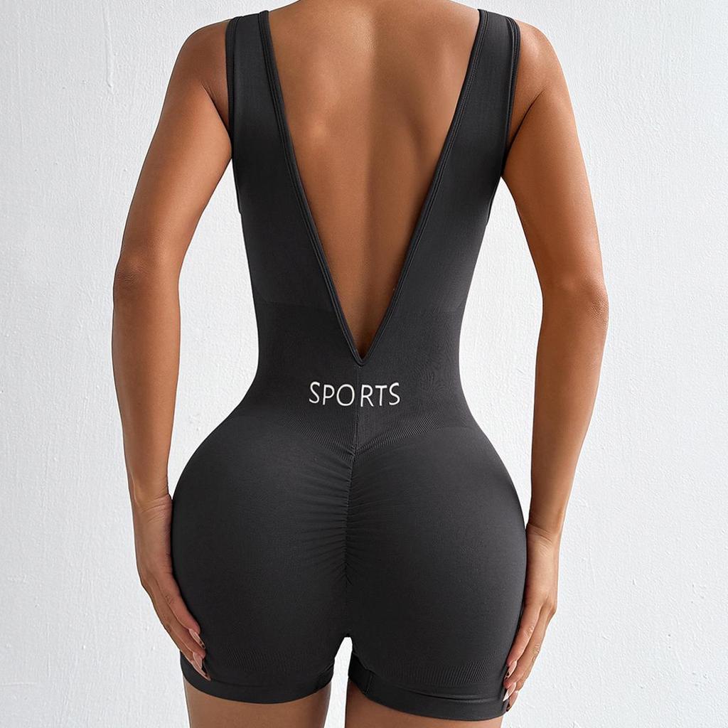 Seamless Deep V-Neck Yoga Bodysuit: Women's Nude-Tight Shaping Sportswear with Beautiful Back Design