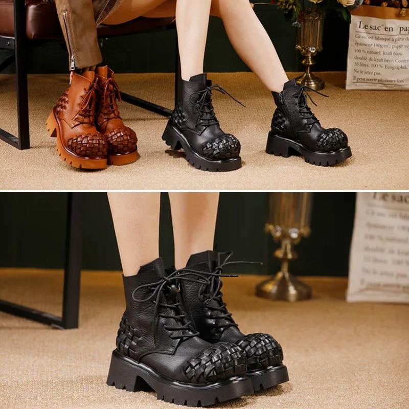 Johnature Retro Genuine Leather Woven Short Boots Lace-up Thick Bottom And Thick Heel Women's Boots