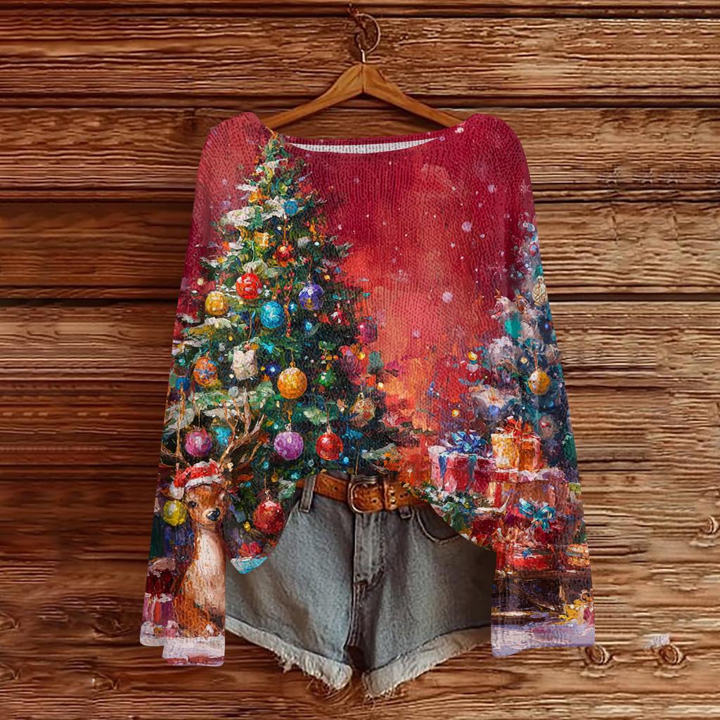 Women's Casual Fashion Round Neck Top Christmas Print Long Sleeve Knit Pullover