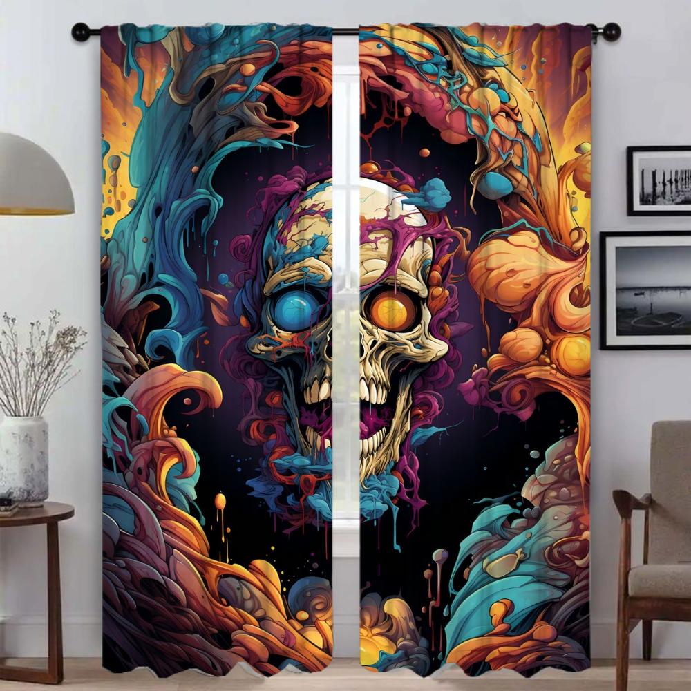 Musical Skull Kitchen Curtains for Living Room Home Interior Curtains 2 Pieces Partition Window Curtain Shades Tulle for Bedroom